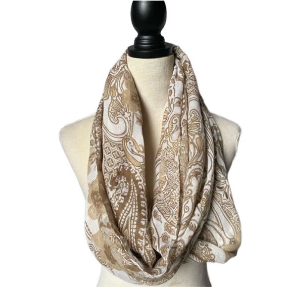 Infinity Scarf with Cream, Tan and White Paisley and Floral Designs (OS) - Picture 3 of 13